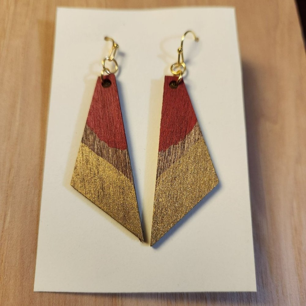 Red Gold Bohemian Tribal Dangle Wood Earrings - Picture 2 of 6